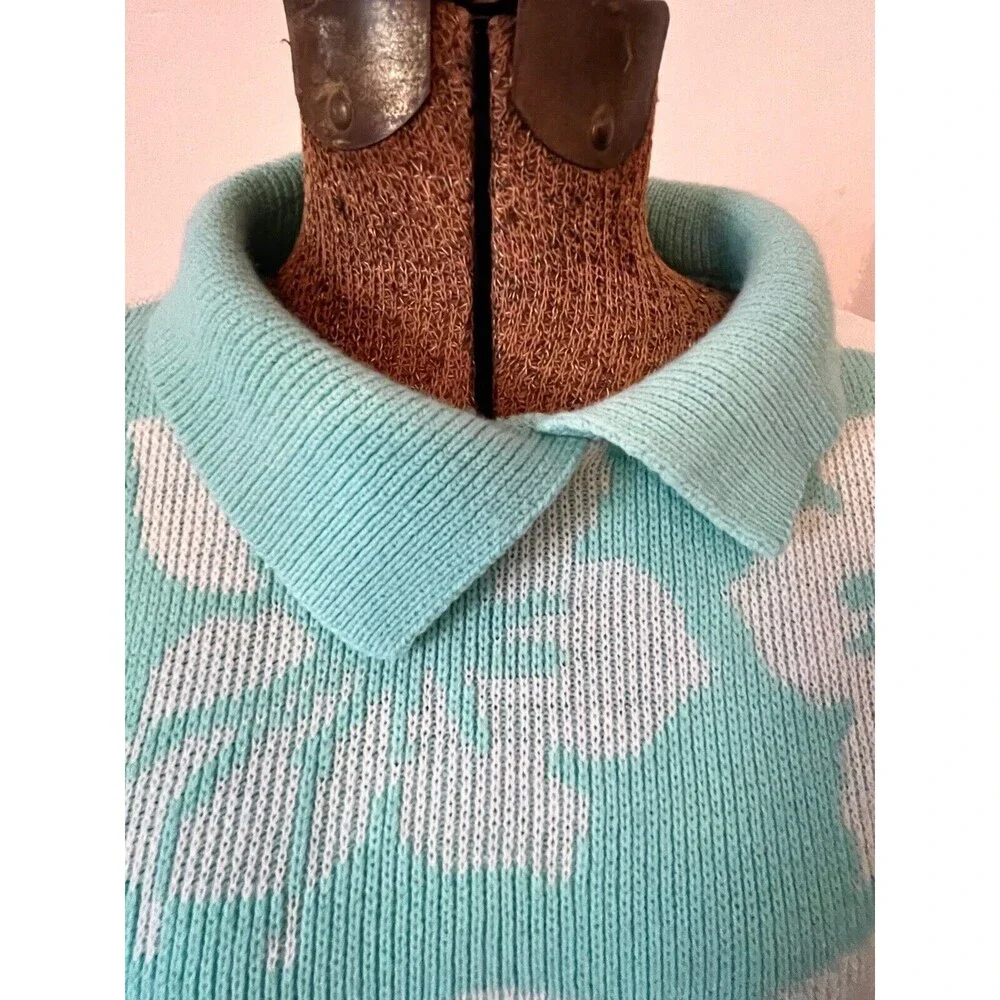 Vintage 90s Kate Collins Aqua Floral Pullover Sweater Tropical Pastel Sz Med